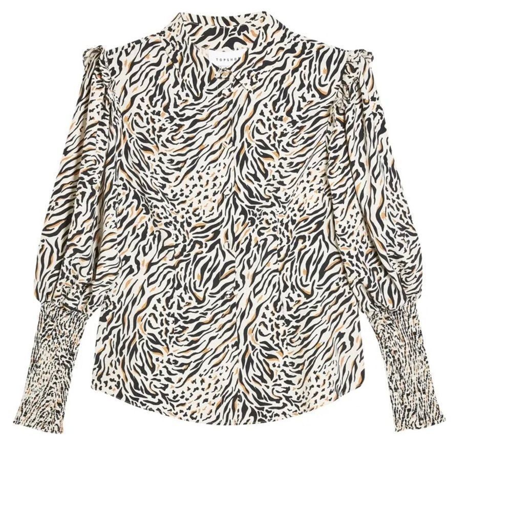 TopShop Button Up Animal Print Puff Sleeve work attire Blouse XS